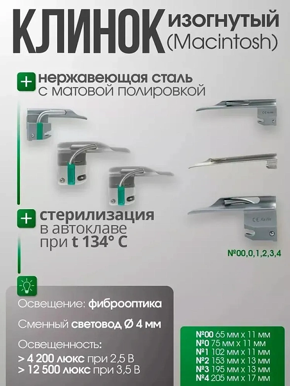 Ларингоскоп с набором клинков Miller фиброоптический (№ 00, 0, 1, 2, 3, 4) на батарейках, лампочка ксенон, прямой клинок, без сумочки, KaWe