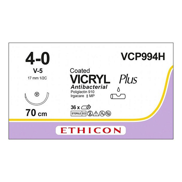 Шовный материал ВИКРИЛ ПЛЮС 4/0 70 см. фиолетовый  Кол.-реж. 17 мм. 1/2 Ethicon