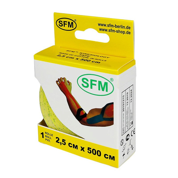 Лента кинезиологическая SFM-Plaster, на хлопковой основе, 2,5см Х 500см, желтого цвета, в диспенсере