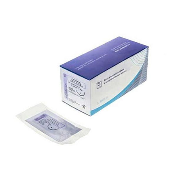 Игла атравматическая с нитью хирургической КАПРОН плетеный неокрашенный USP 3/0 (MР2), 75 см, 4C-0,6x25-3/0-K ПТО Медтехника, 20 шт/уп
