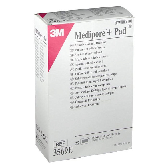 Повязка стерильная Medipore + Pad 3569E 10 см х 15 см 25 шт., 3M