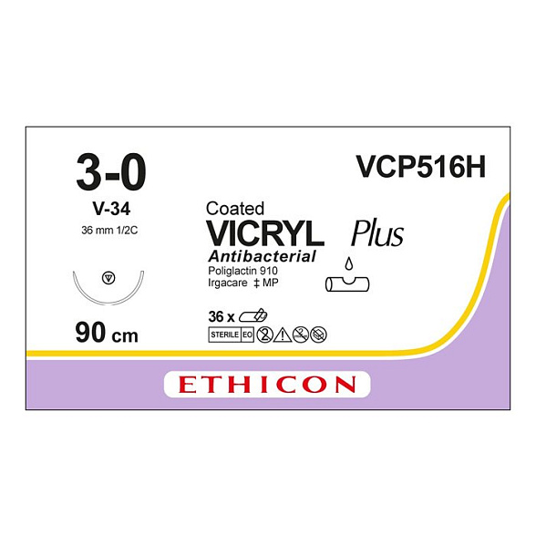 Шовный материал ВИКРИЛ ПЛЮС 3/0 90 см. фиолетовый  Кол.-реж. 36 мм. 1/2 Ethicon