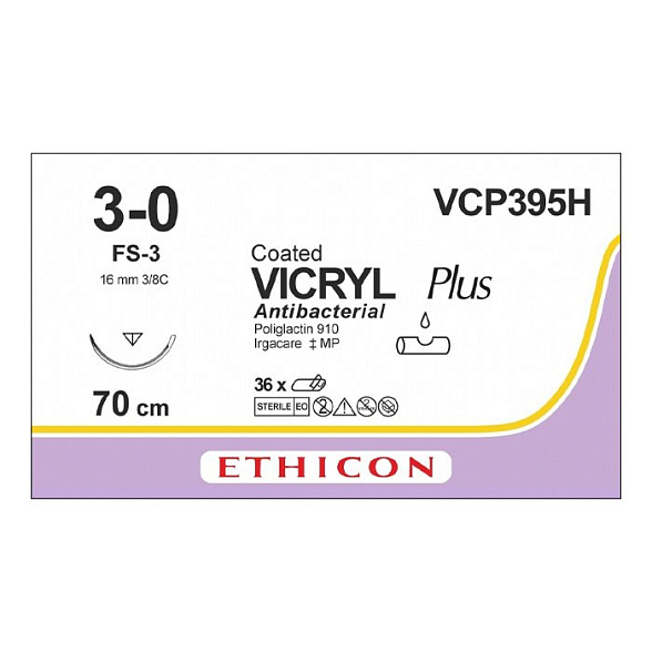 Шовный материал ВИКРИЛ ПЛЮС 3/0 70 см. фиолетовый Обр.-реж. 16 мм. 3/8 Ethicon