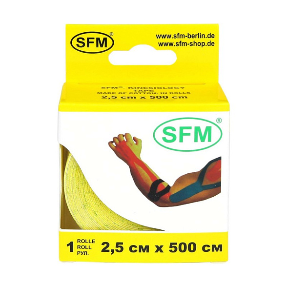 Лента кинезиологическая SFM-Plaster, на хлопковой основе, 2,5см Х 500см, желтого цвета, в диспенсере