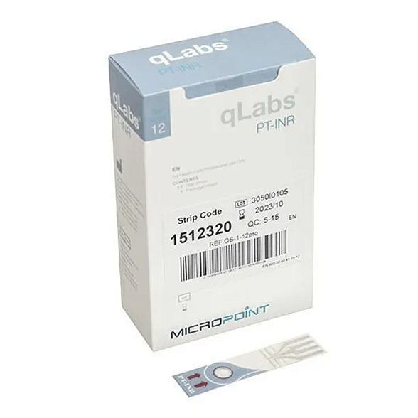 Экспресс-коагулометр qLabs® ElectroMeter + Тест-полоска qLabs® PT-INR Test Strip для определения показателей ПТВ-МНО в цельной крови 12 шт/упаковка.